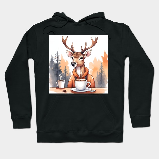 watercolor deer with coffe Hoodie by Awgacia